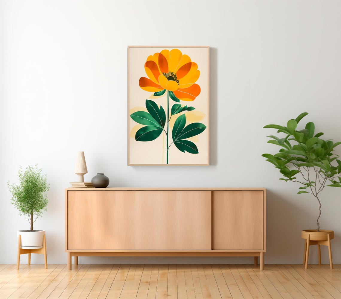 Vibrant Orange Marigold Bloom Boho Botanical Cream Art Poster - Image 2