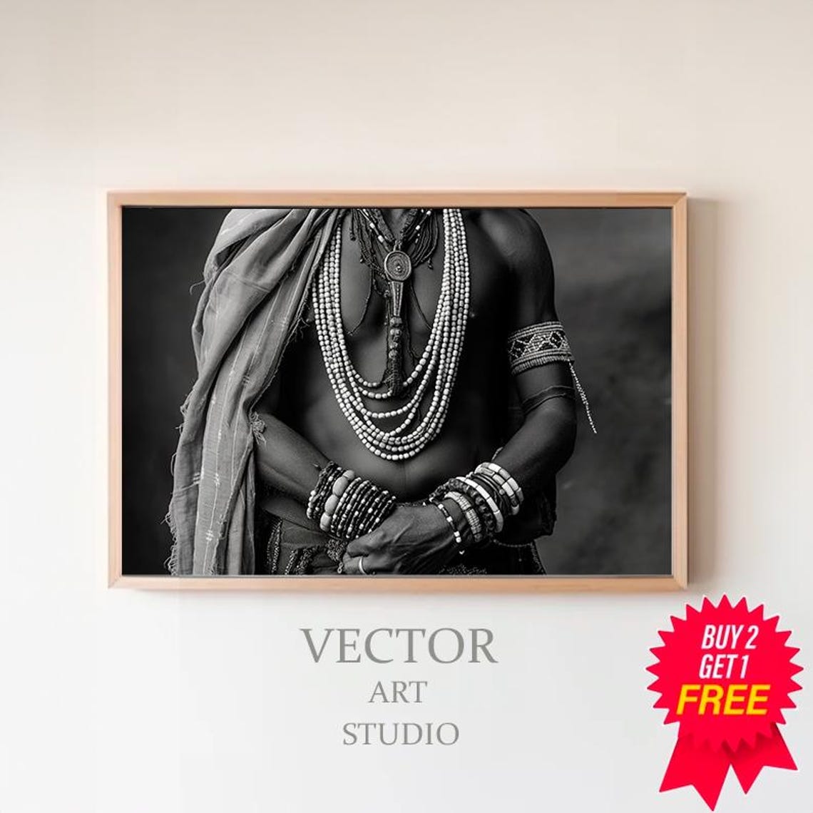 African Tribal Bead Jewelry Black and White Photography Print
