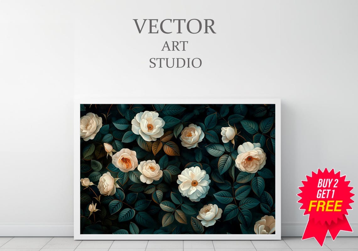 White Roses Dark Green Repeat Pattern Botanical Garden Poster - Image 3