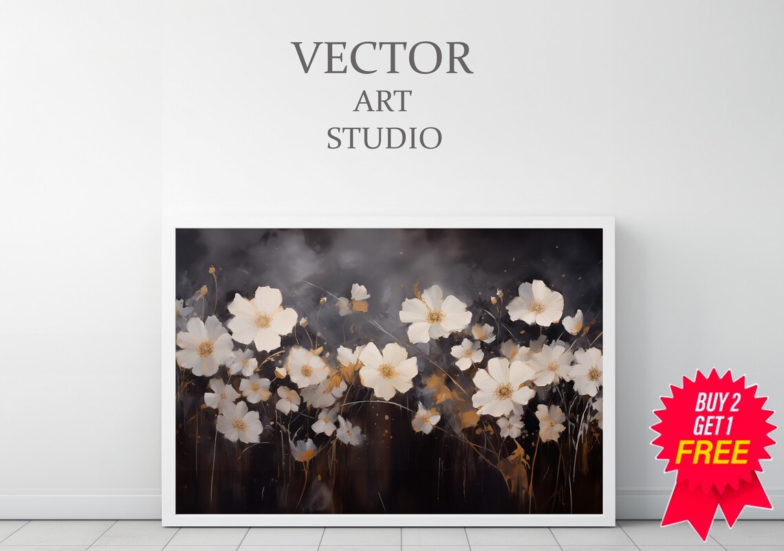 White Cosmos Flowers on Dark Charcoal Moody Floral Painting Art Poster - Image 3