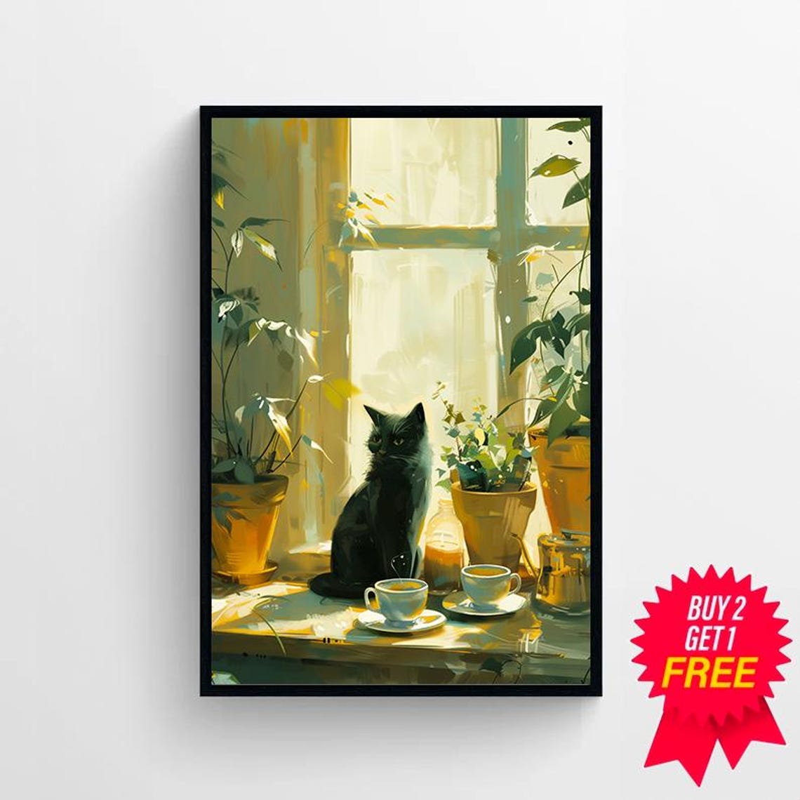 Black Cat Sitting by Sunny Window with Vintage Tea Cups Kitchen Poster - Image 4