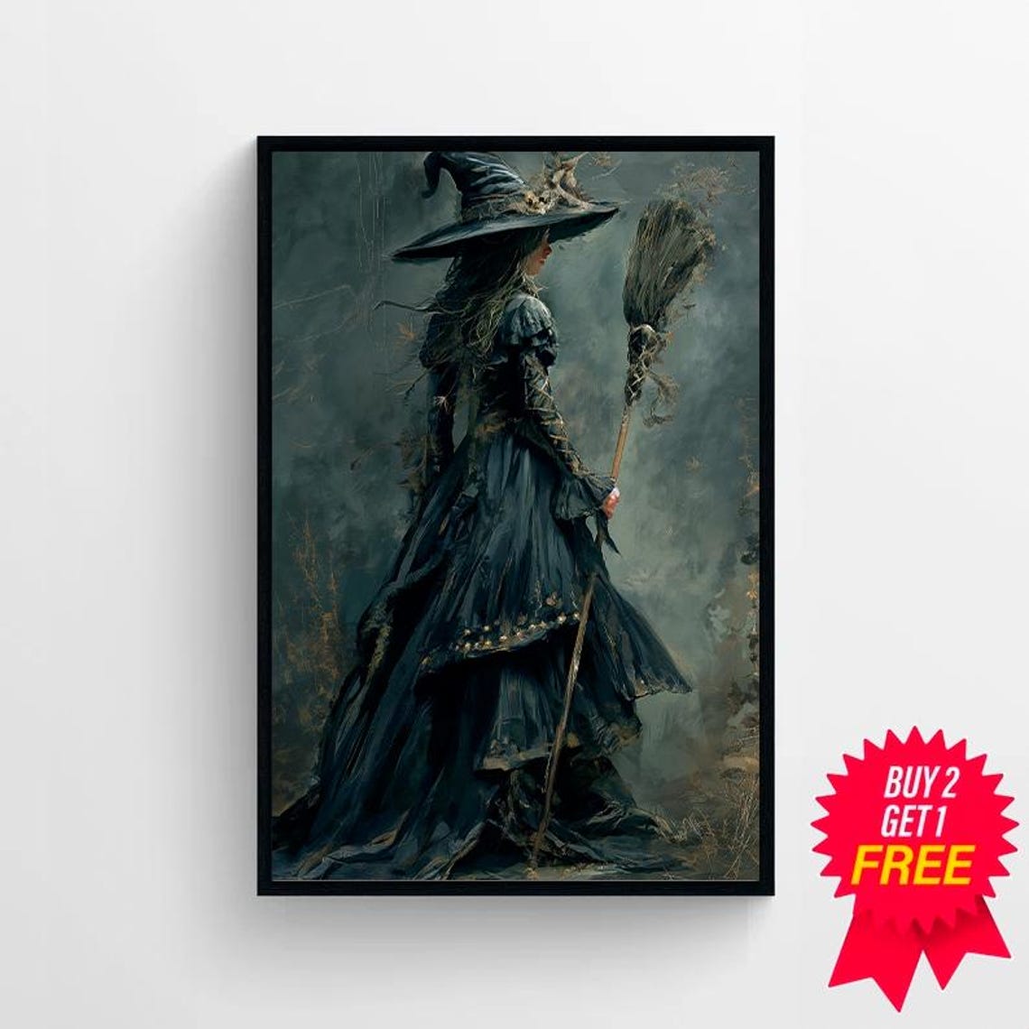 Mysterious Witch Walking Away with Broom Rear View Halloween Poster - Image 4