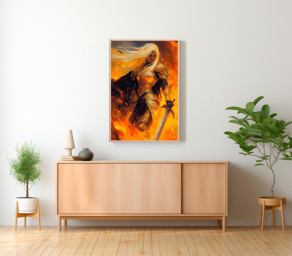 Blonde Warrior Woman in Golden Armor Amid Flames Fantasy Art Poster - Image 2