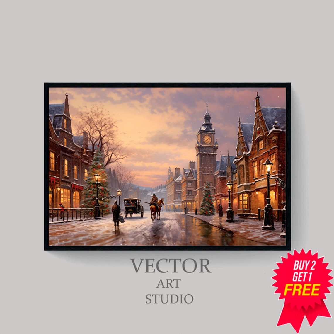 Victorian Christmas Street in Snow at Sunset Clock Tower Poster - Image 4