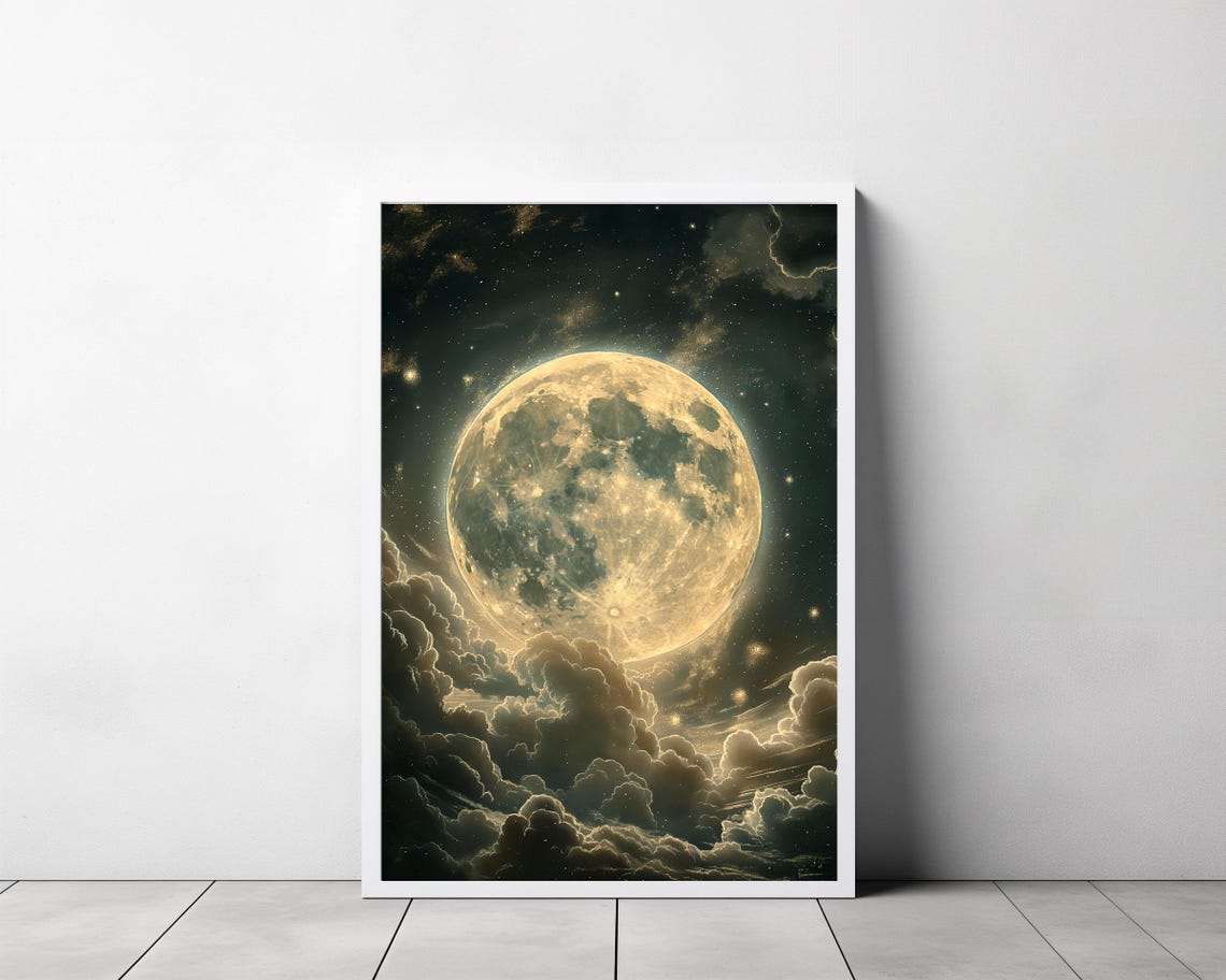 Giant Golden Full Moon In Dark Starry Clouds Celestial Night Poster - Image 3