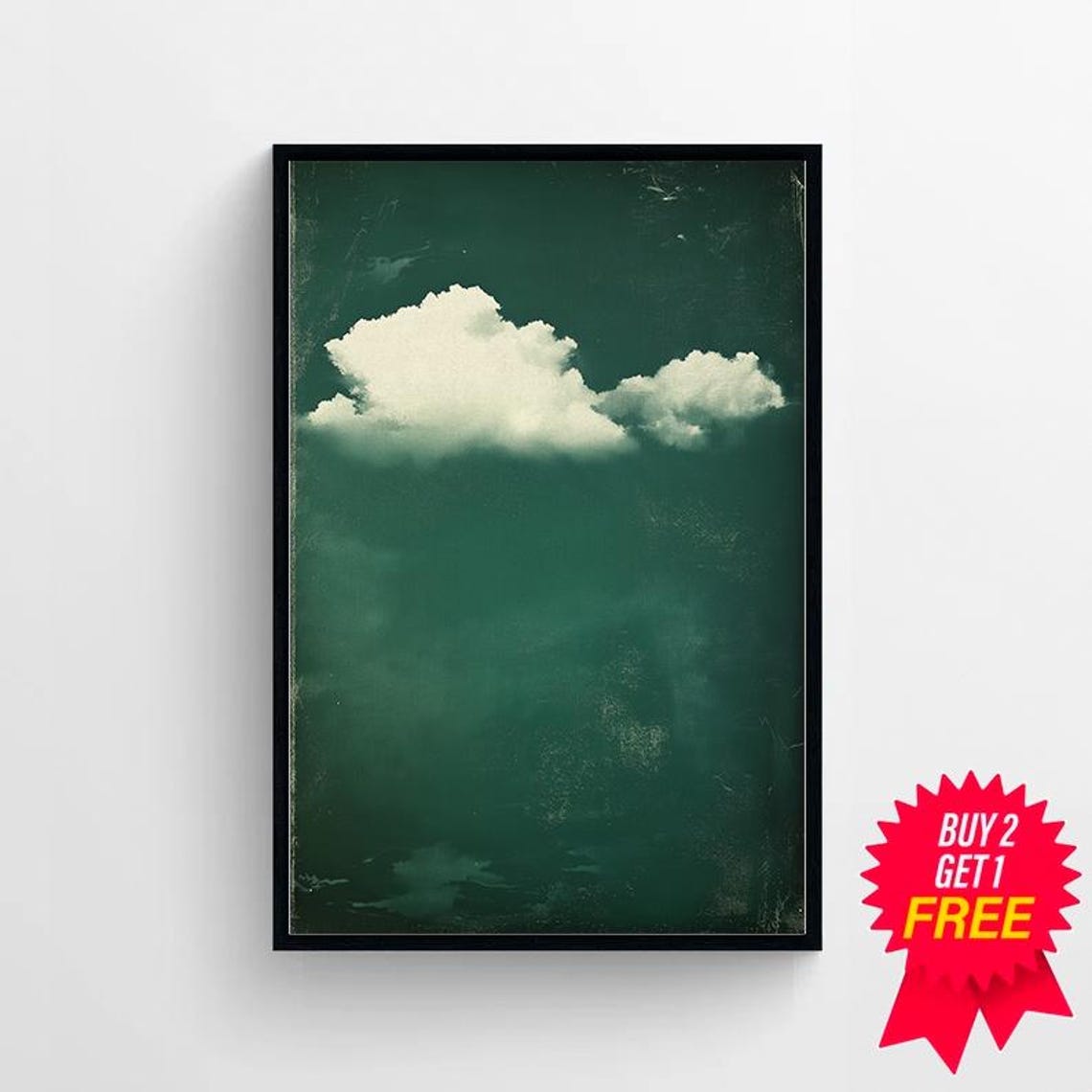 Single White Cloud on Deep Emerald Green Sky Minimalist Poster - Image 4