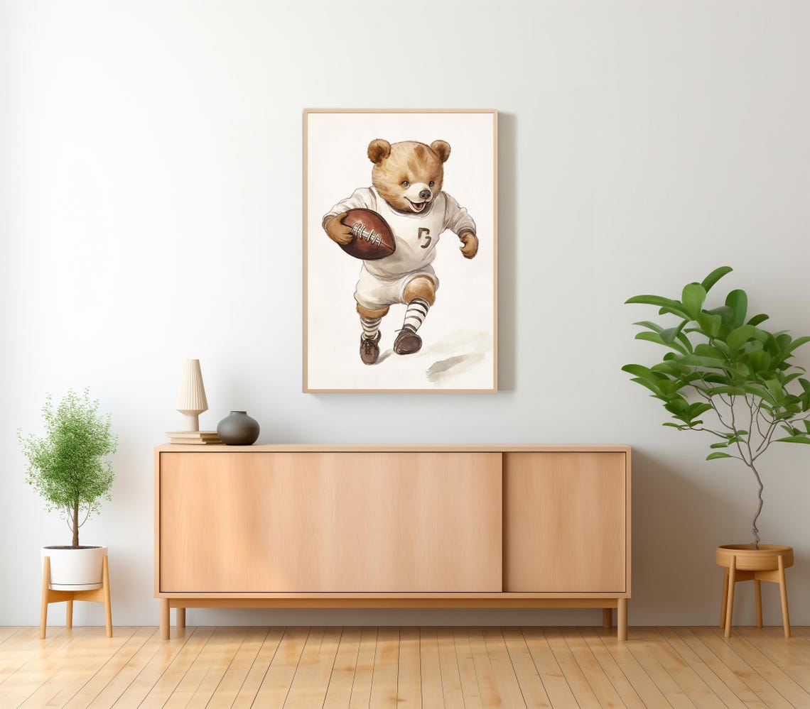 Teddy Bear Football Player Running With the Ball Nursery Poster - Image 2