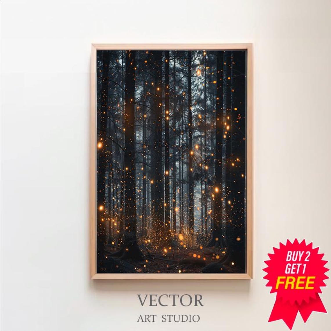 Magic Forest Wall Art Fantasy Painting Fireflies Poster Lightning Bug Electric Forest