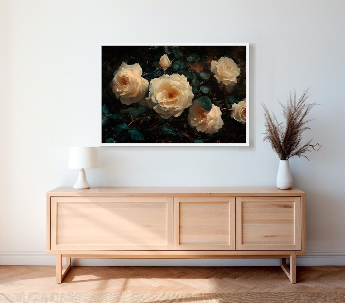 White Cream Roses On Dark Moody Vintage Floral Background Poster - Image 2