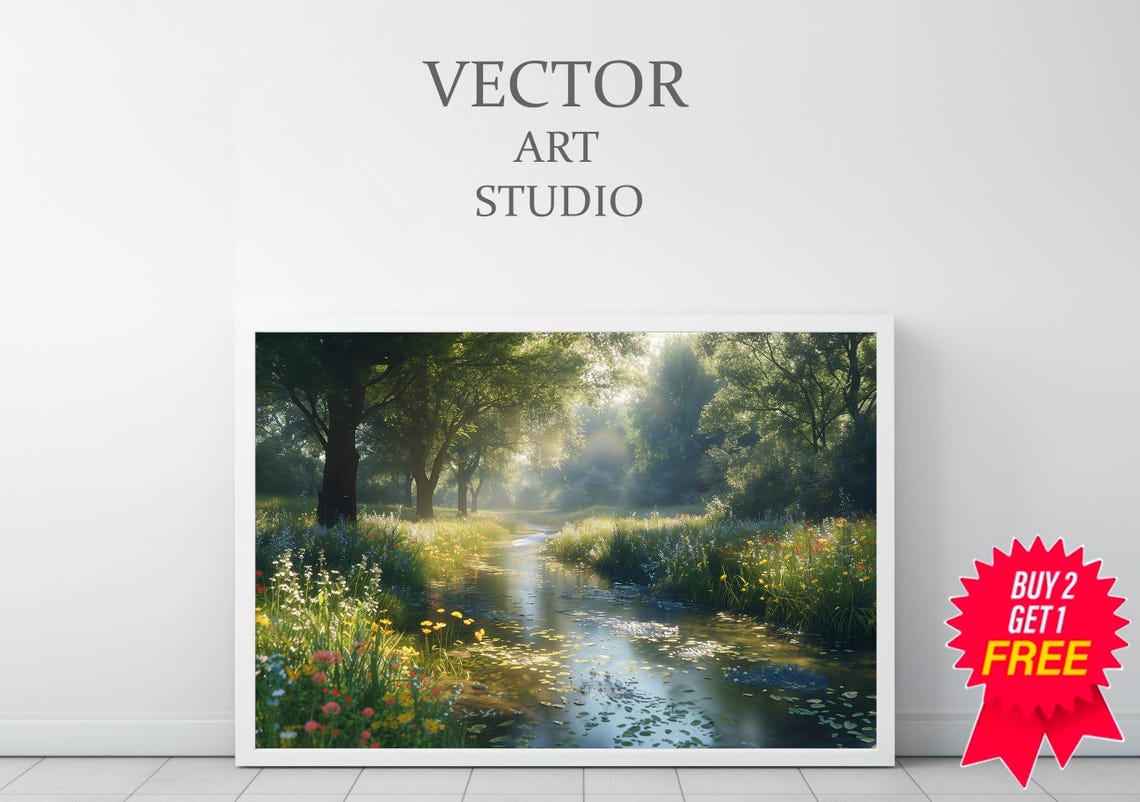 Sunlit Forest Stream With Colorful Wildflowers Landscape Art Poster - Image 3