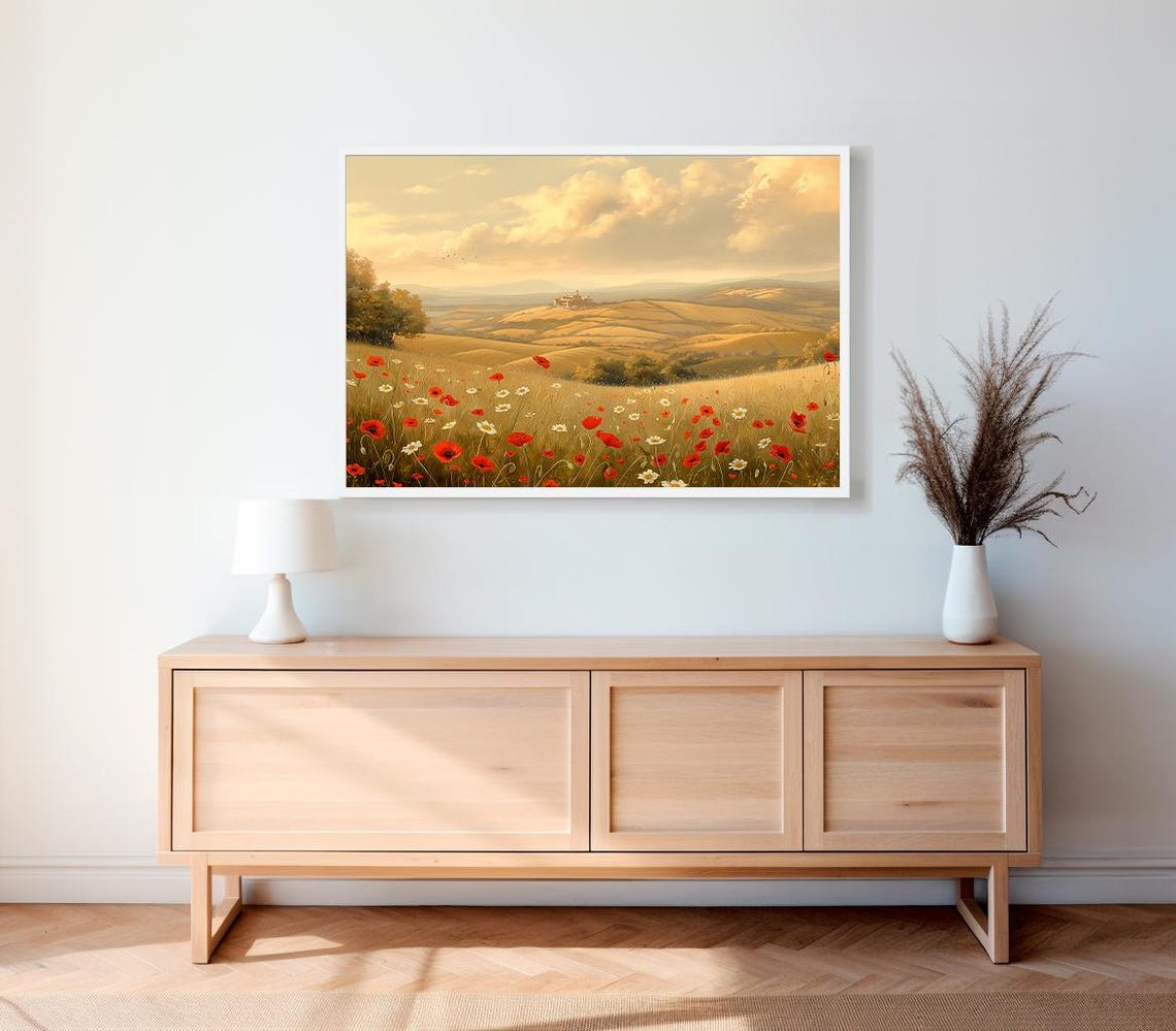 Red Poppy Wheat Field Beneath Tuscan Hills at Golden Hour Poster - Image 2