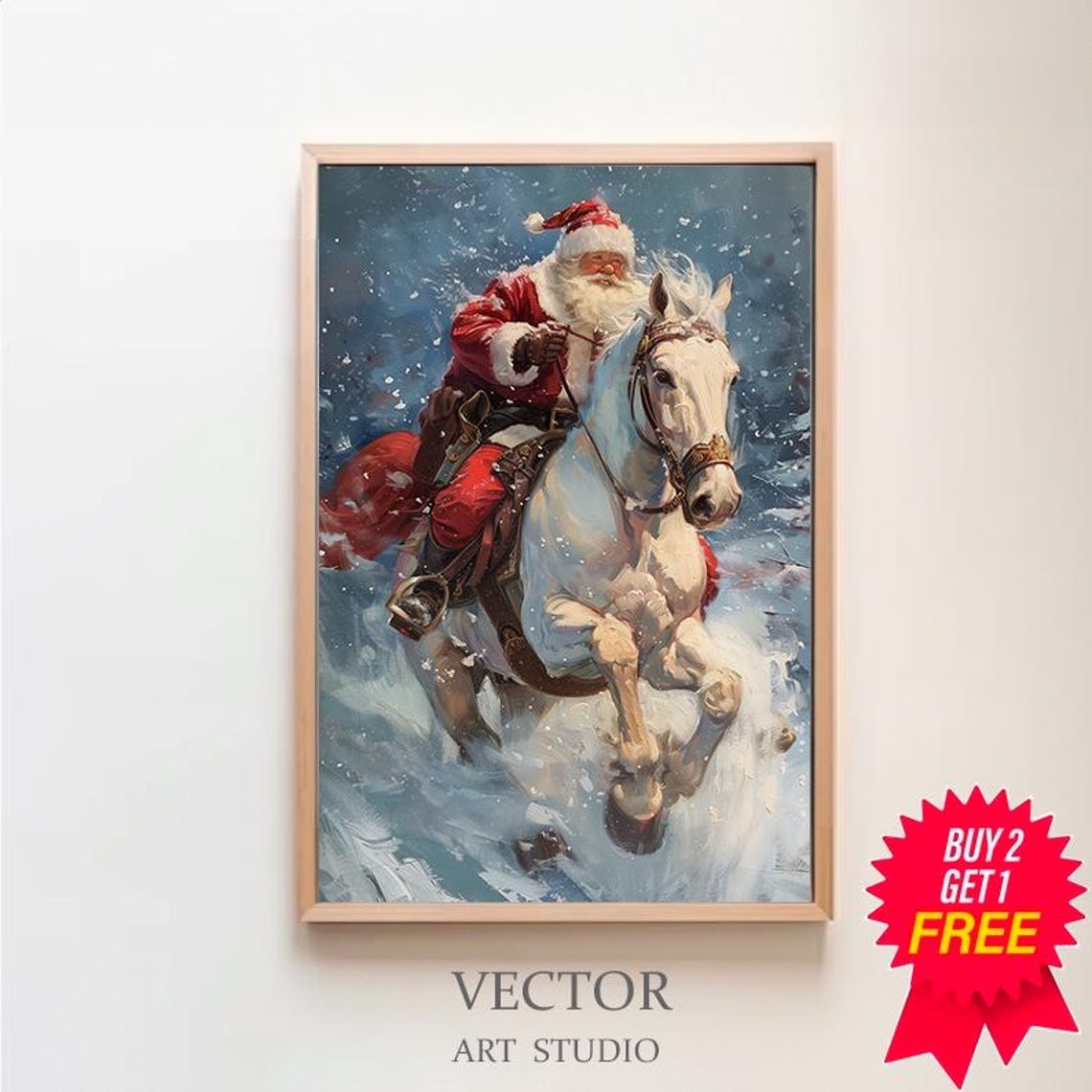 Santa Claus Riding a Galloping White Horse through a Snowstorm Poster