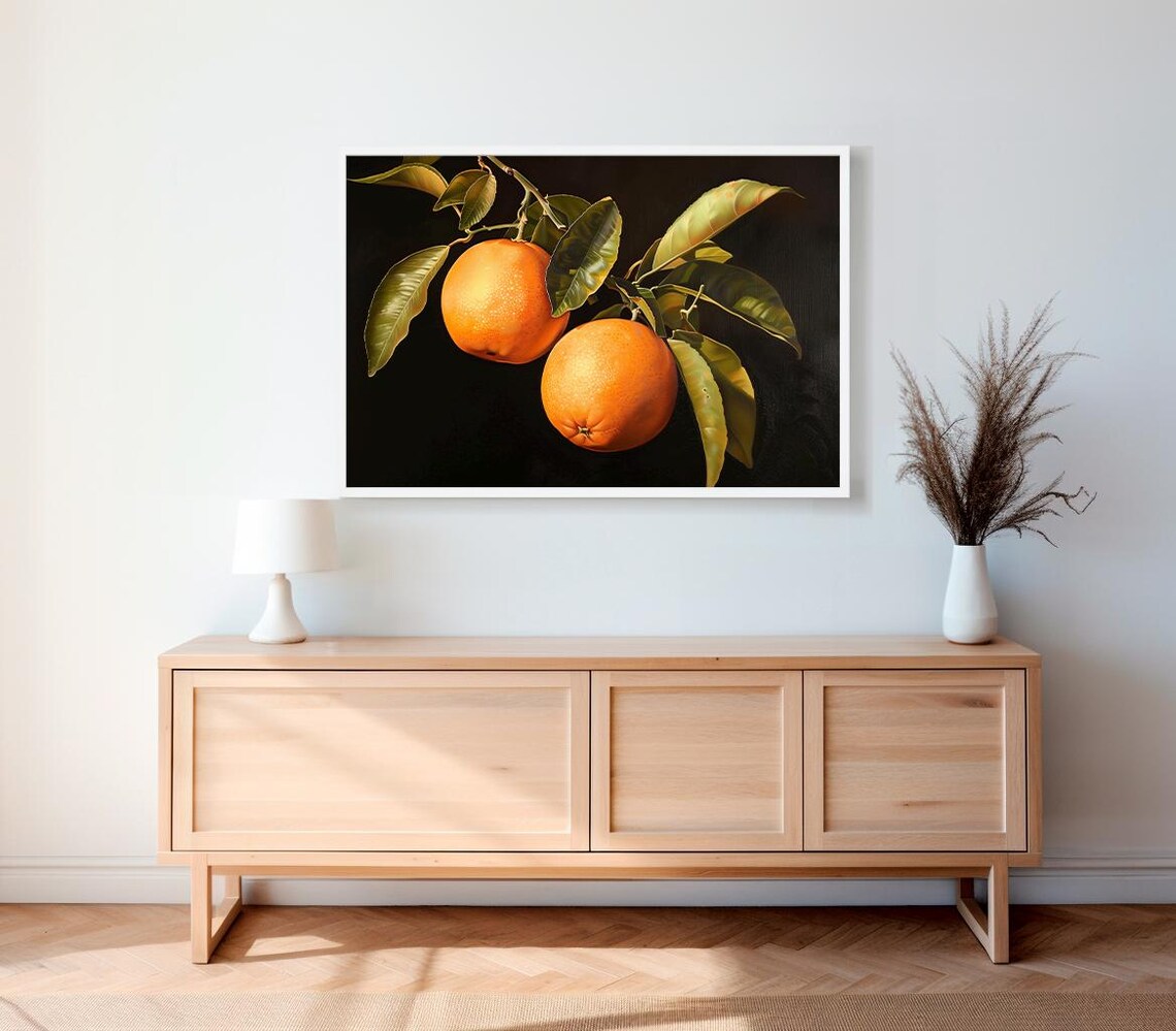 Two Golden Ripe Oranges on Branch Against Dark Background Poster - Image 2
