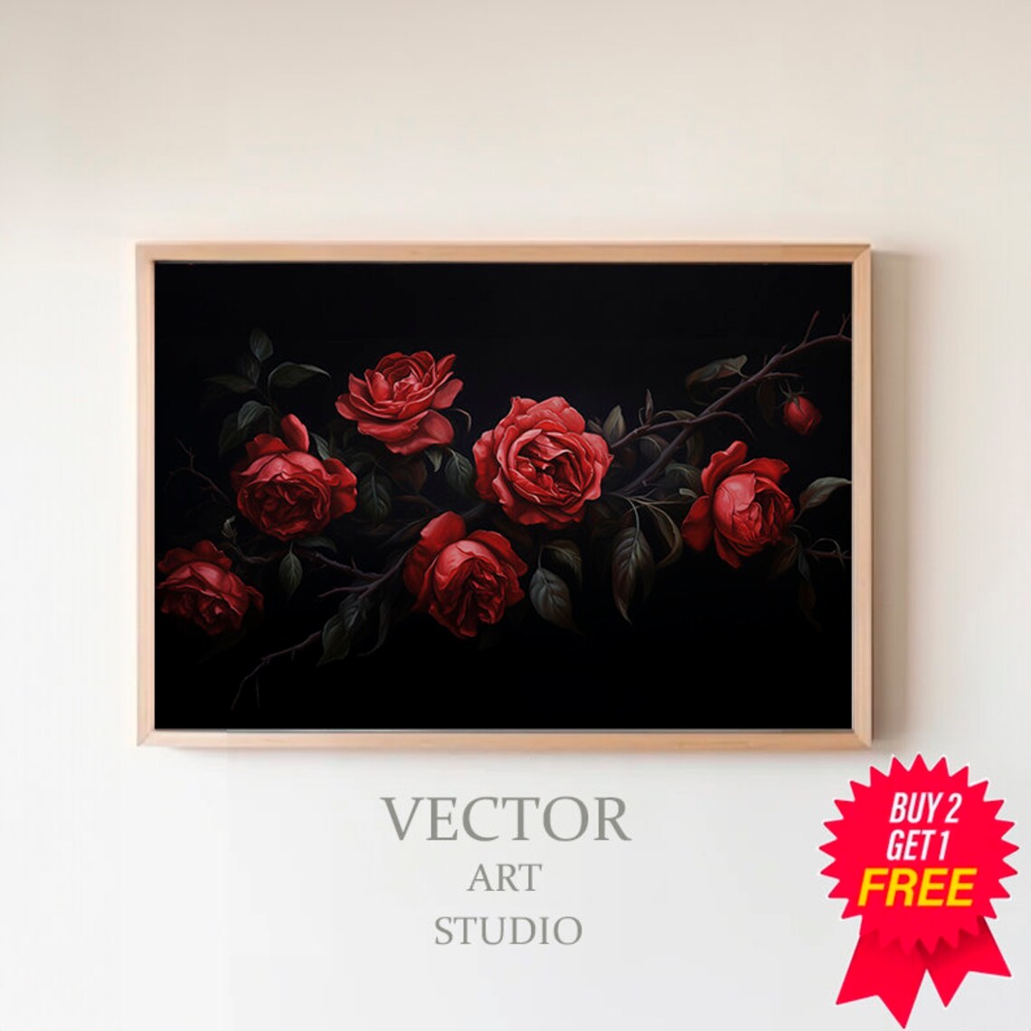 Dark Red Roses on Thorn Branch Moody Black Background Poster