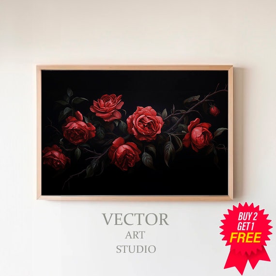 Red Roses Valentines Day Frame Tv Art Botanical Flowers Frame Tv Art Vintage Floral Oil Painting Dark Moody Decor