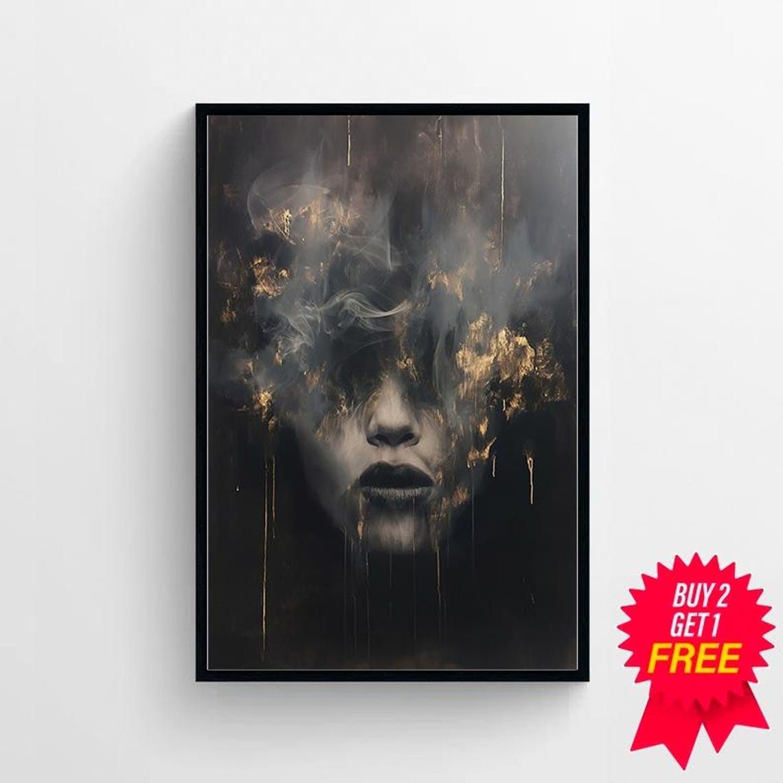 Woman Face Emerging from Dark Smoke Gold Flecks Surreal Poster - Image 4