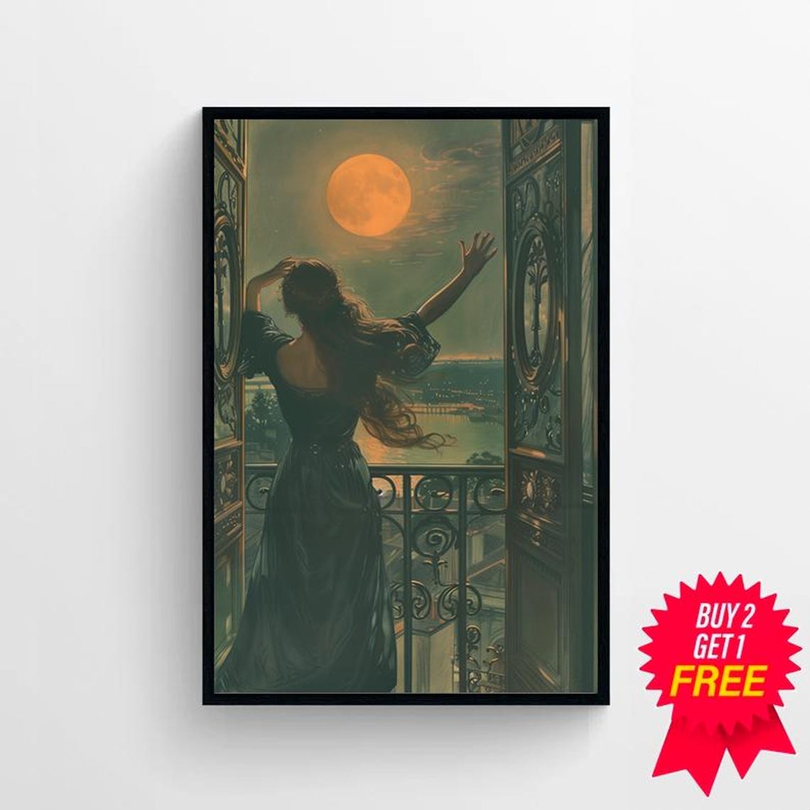 Woman Reaching for a Giant Orange Moon From a Balcony Vintage Poster - Image 4