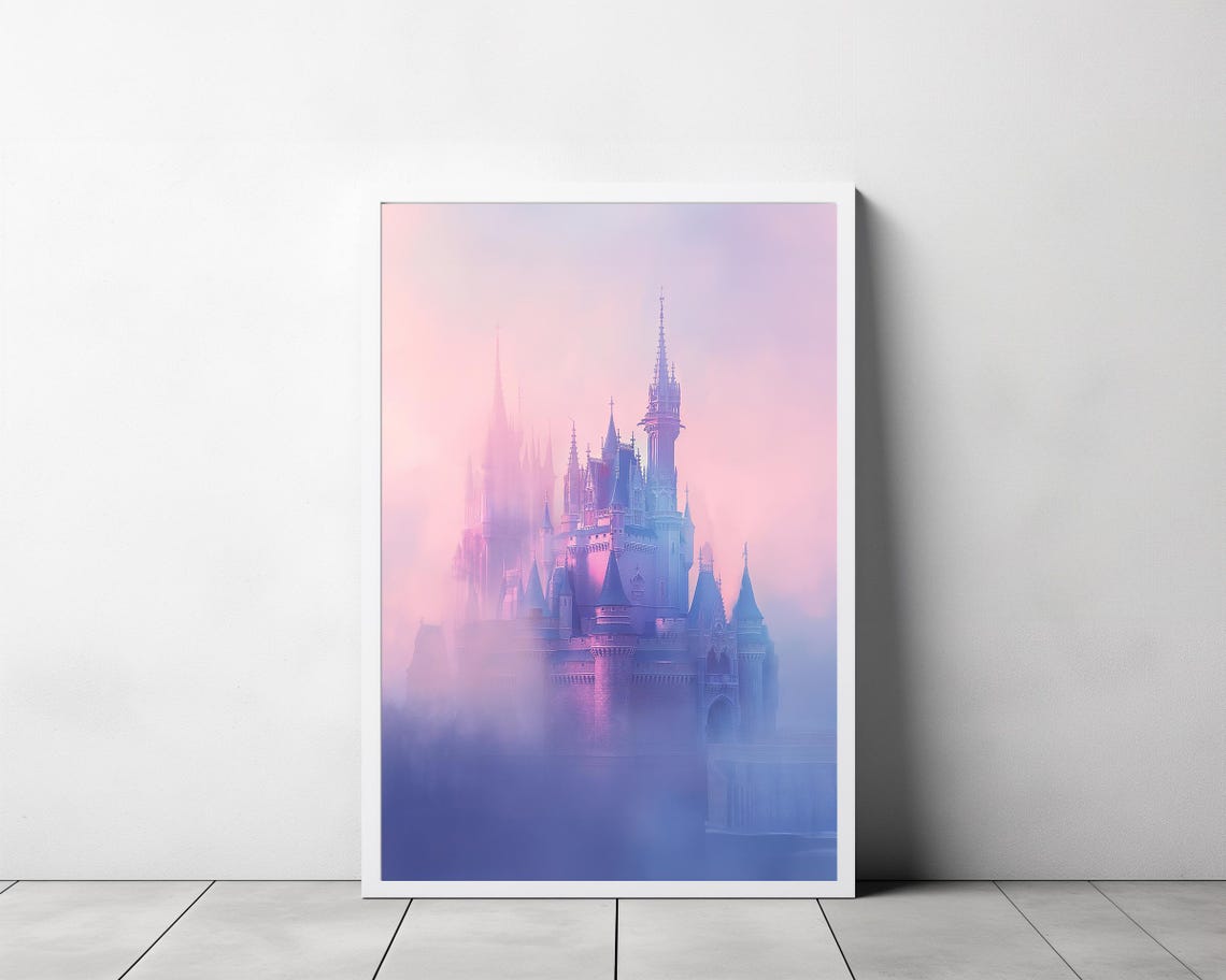 Dreamy Pastel Castle in a Lavender and Blue Mist Fantasy Wall Art - Image 3