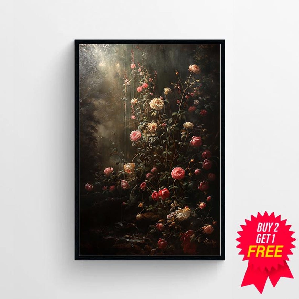 Wild Roses Blooming in a Shadowy Dark Cottagecore Garden Wall Poster - Image 4
