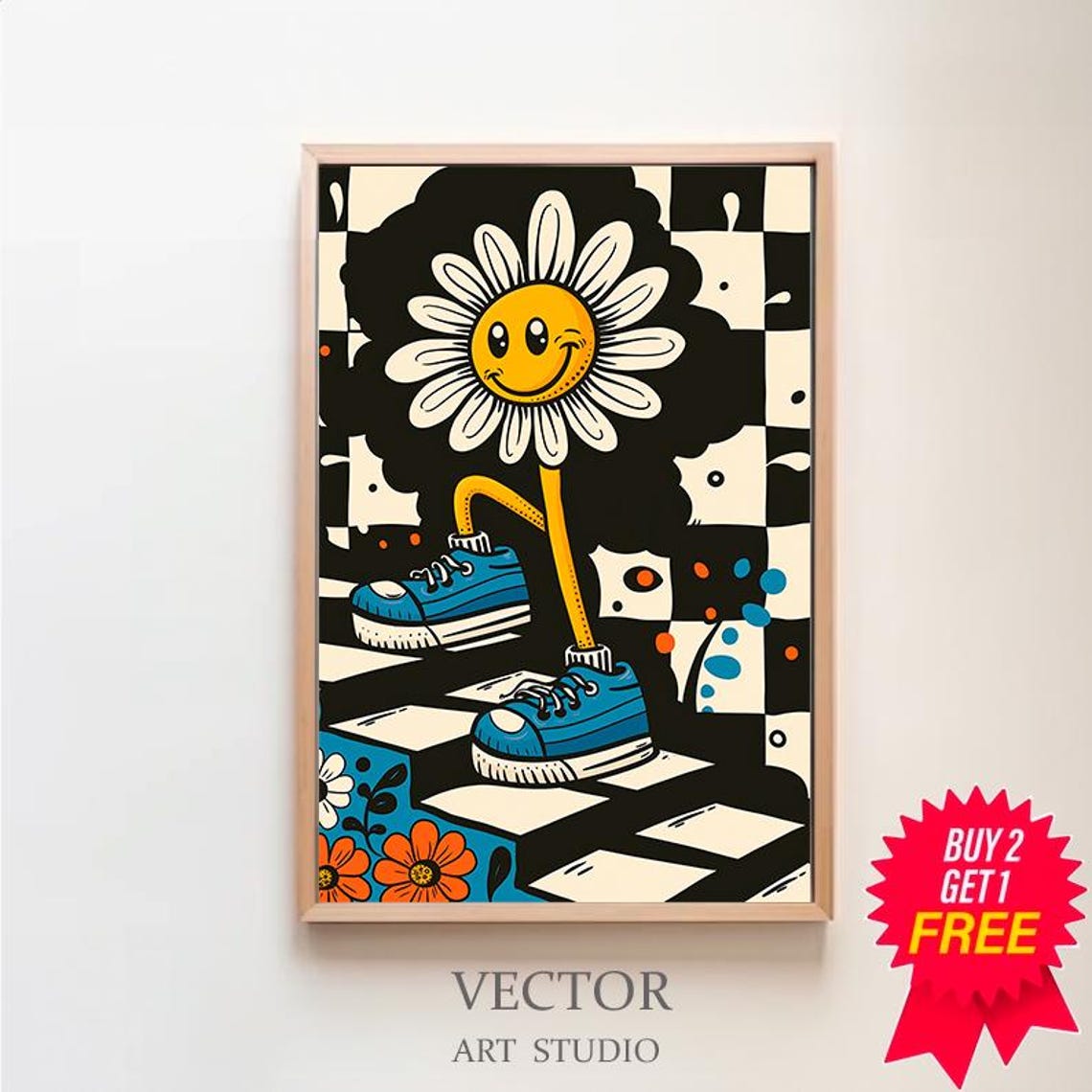 Winking Daisy Sneakers Checkered Pop Art Retro Flower Poster