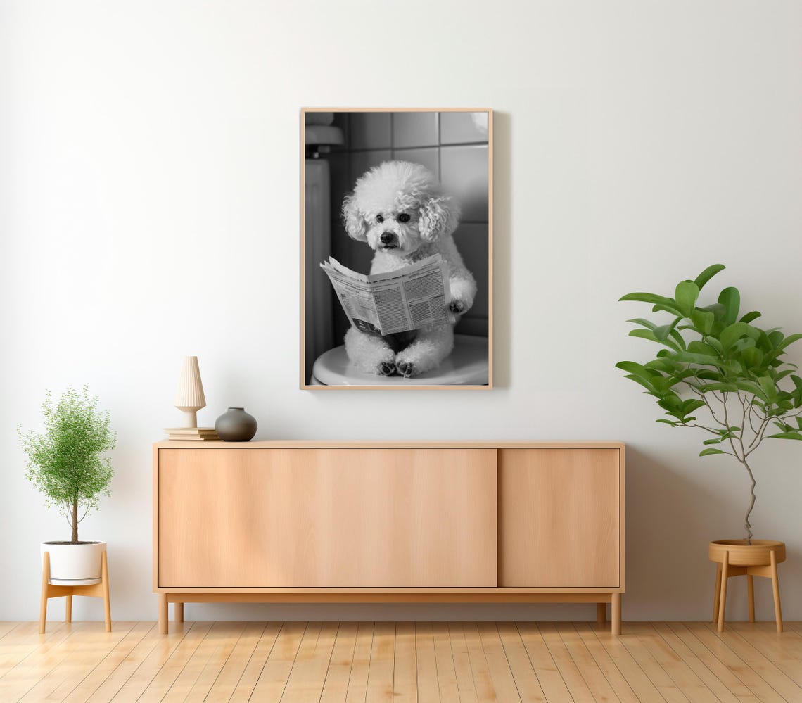 Bichon Frise on Toilet Reading Newspaper Black and White Funny Print - Image 2