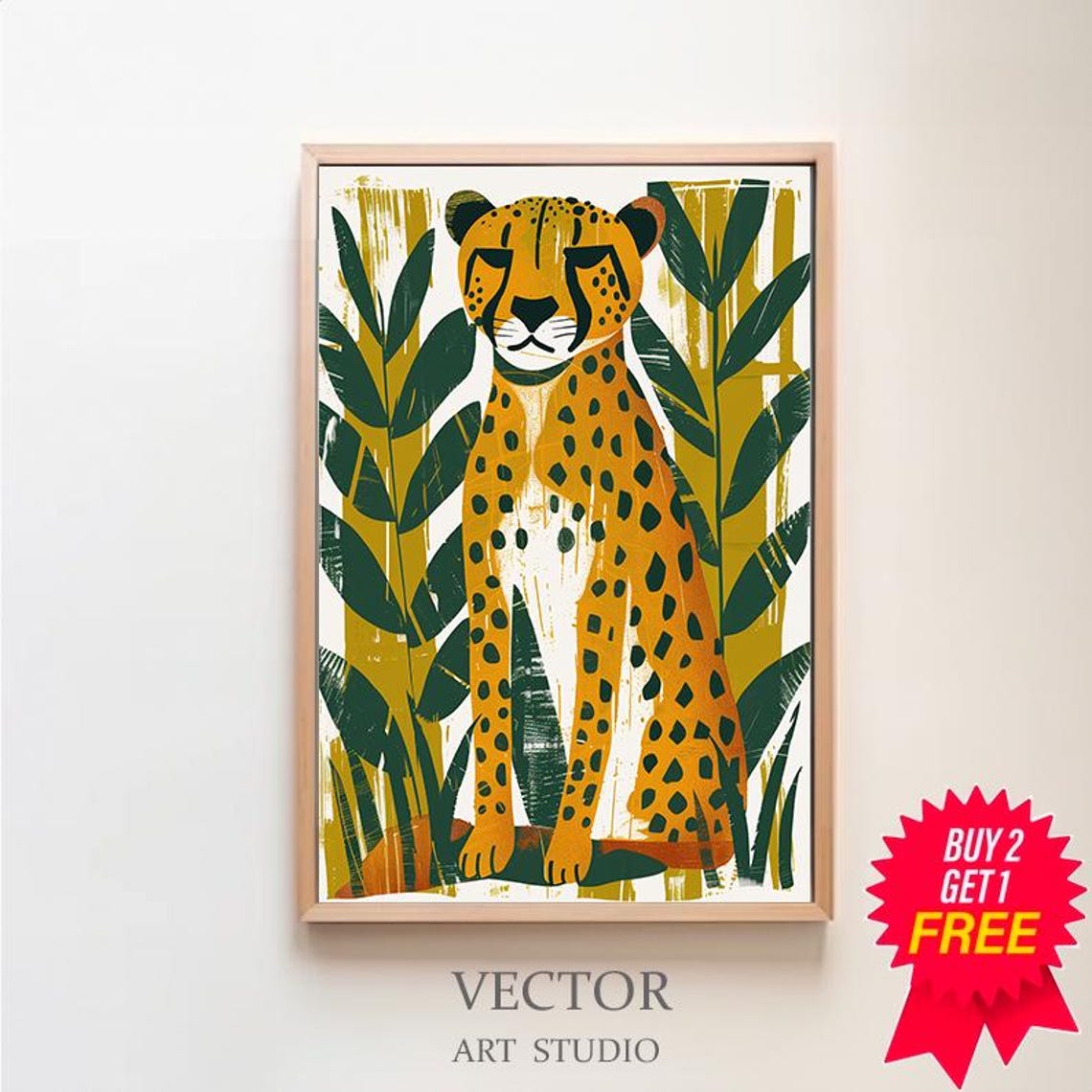 Retro Orange Cheetah Among Tropical Leaves Bold Jungle Art Poster