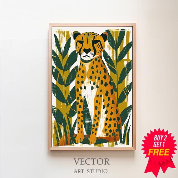 Retro Orange Cheetah Among Tropical Leaves Bold Jungle Art Poster