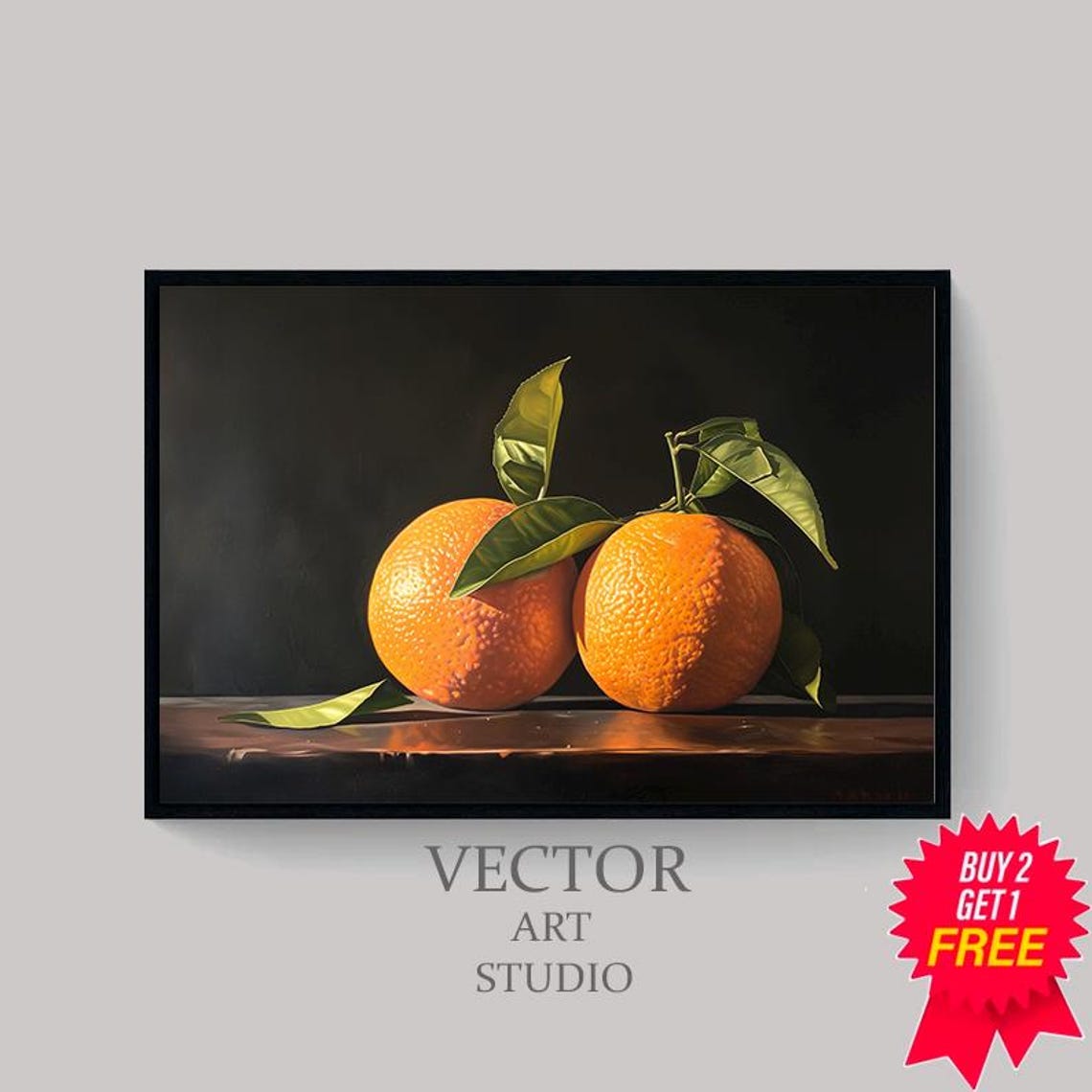 Moody Still Life Painting of Two Ripe Oranges with Leaves Poster - Image 4