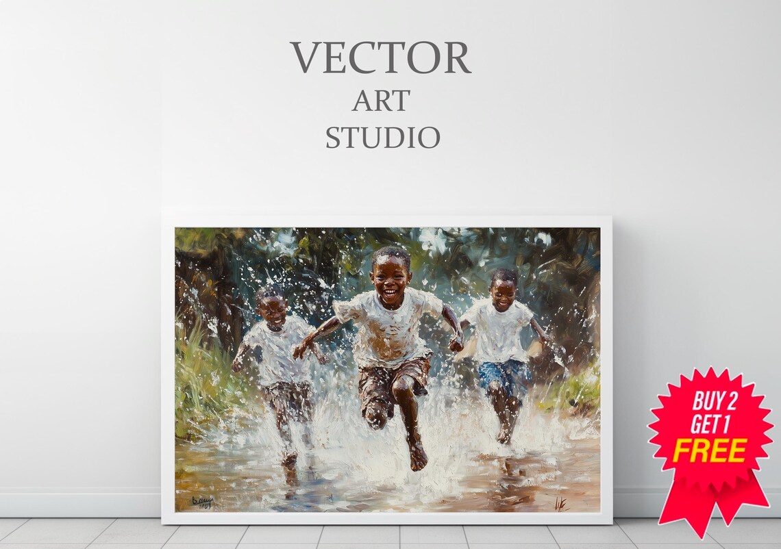 African Children Playing in Rain, Wall Art Print - Image 3