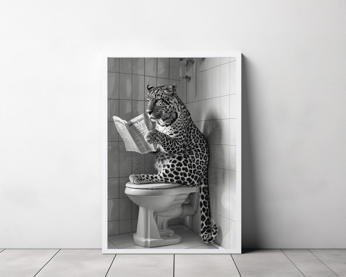 Leopard Reading Newspaper on Toilet Black and White Funny Art Poster - Image 3