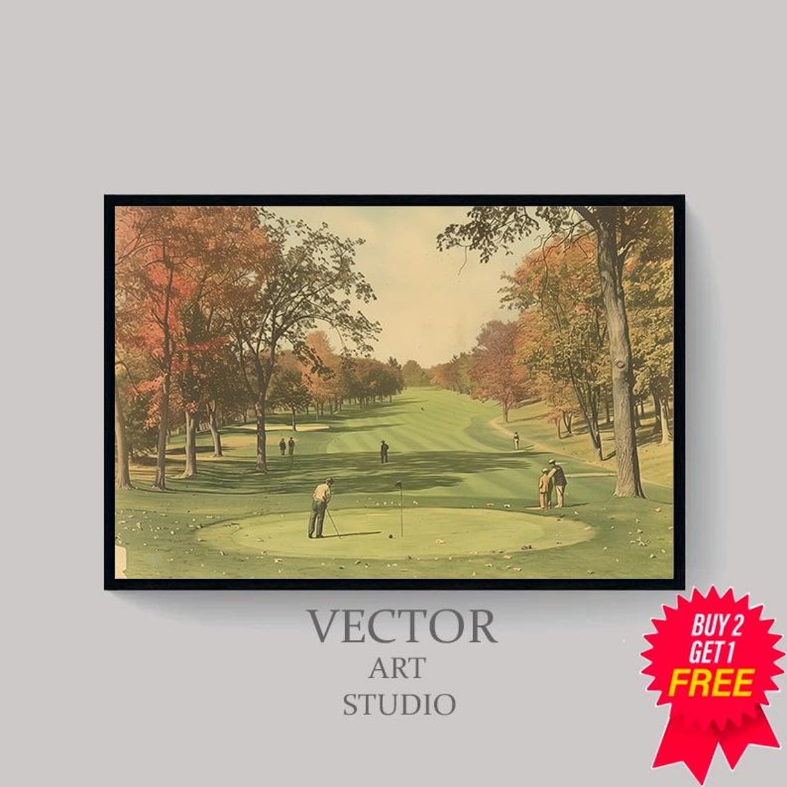 Vintage Golfers Putting on the Autumn Green Landscape Poster - Image 4