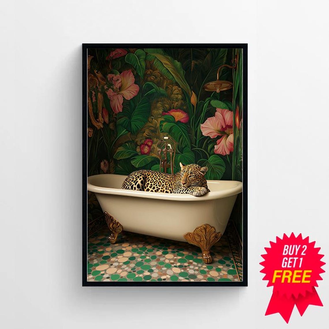 Wall Art Leopard In A Bathtub Maximalist Oil Painting Colorful Trendy Kitsch Bathroom Print Vivid Bold Dopamine Animal Picture - Image 4