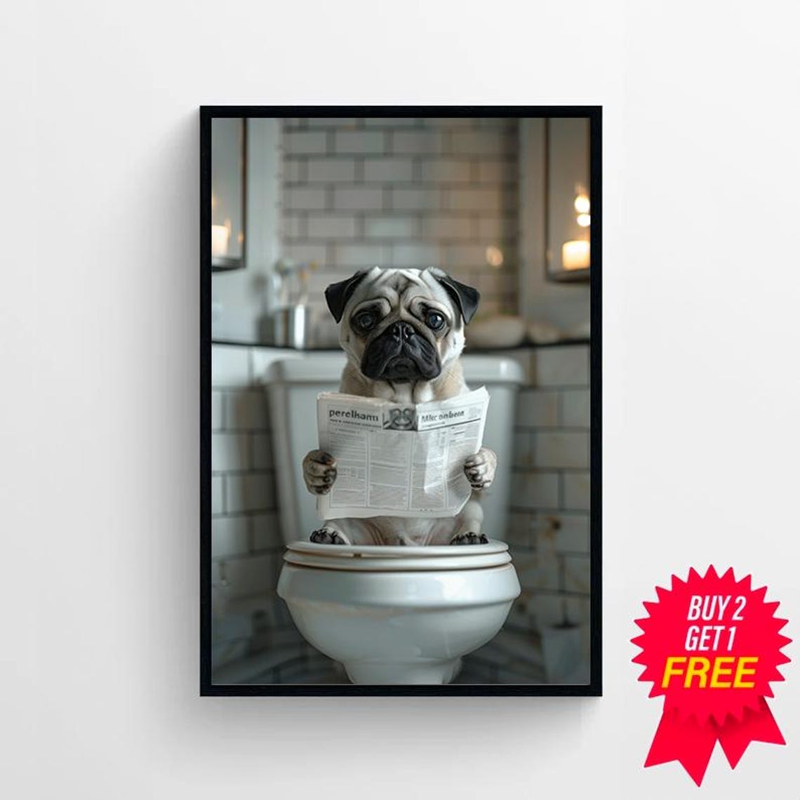 Pug on Toilet in Cozy Subway Tile Bathroom Funny Photo Poster - Image 4
