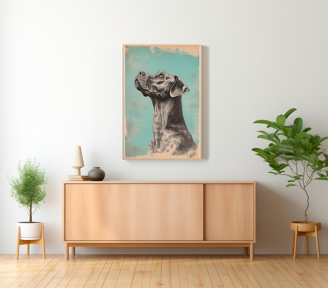 Great Dane Portrait Looking Up Vintage Ink Dog Art On Teal Poster - Image 2