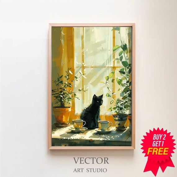 Black Cat with Two Teacups by Sunlit Window Still Life Poster