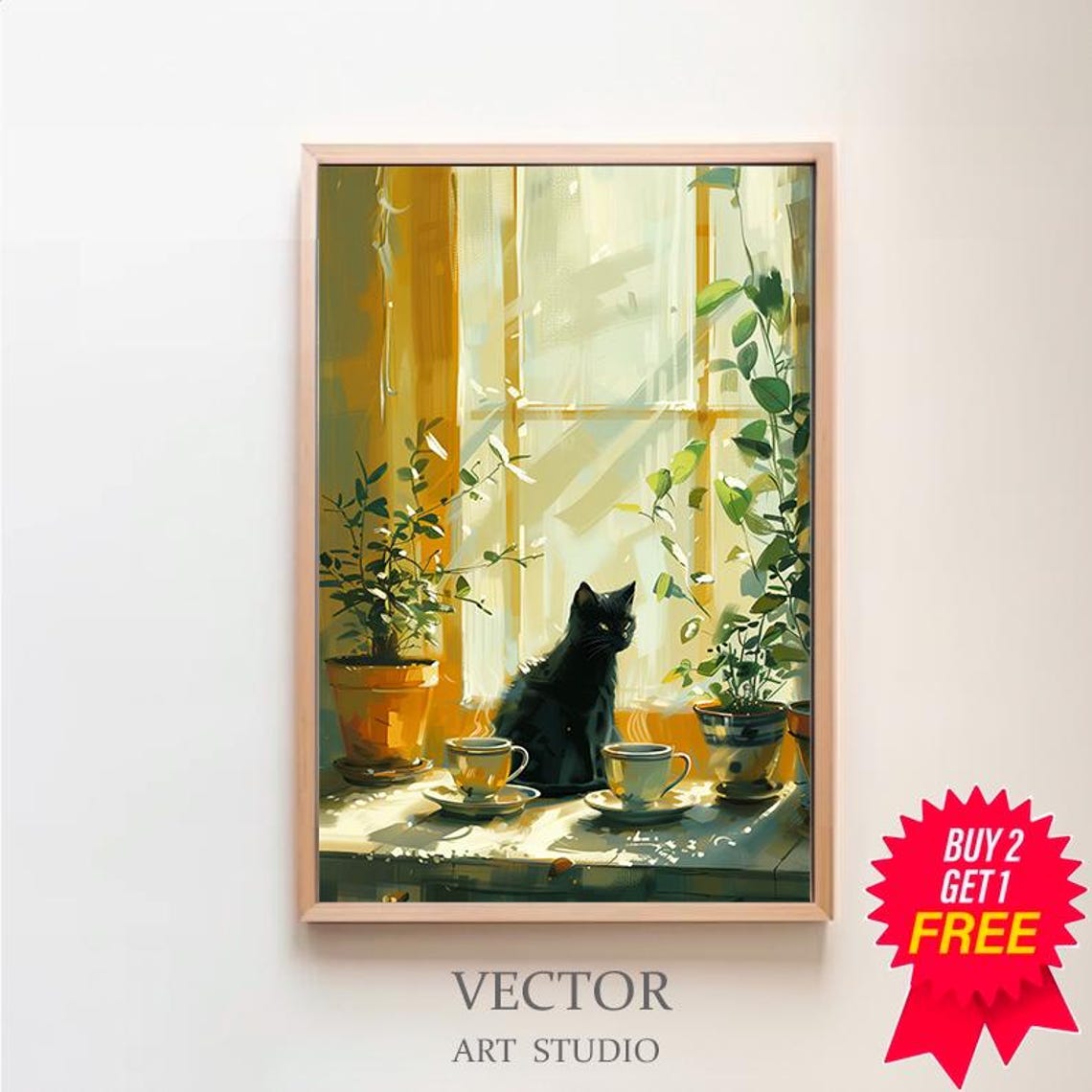 Black Cat with Two Teacups by Sunlit Window Still Life Poster