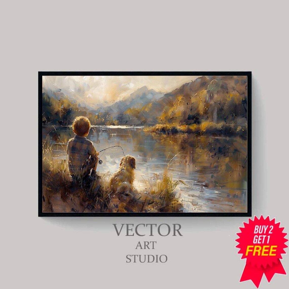 Boy And Golden Dog Fishing Sunlit River Impressionist Painting Poster - Image 4