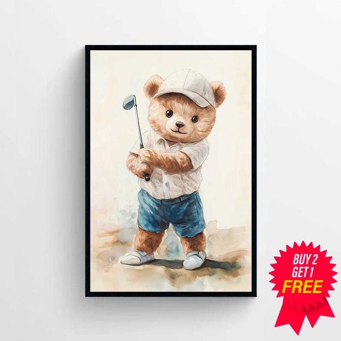 Cute Teddy Bear Golfer Nursery Watercolor Blue Shorts Cap Poster - Image 4