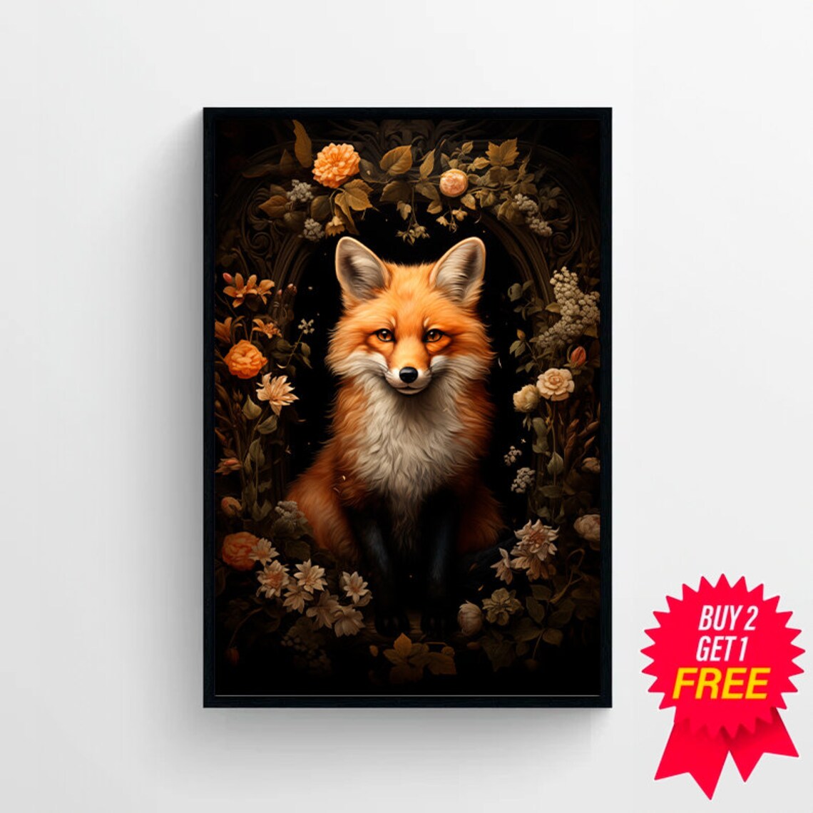 Red Fox Framed by Flowers on Dark Botanical Background Wildlife Art Poster - Image 4