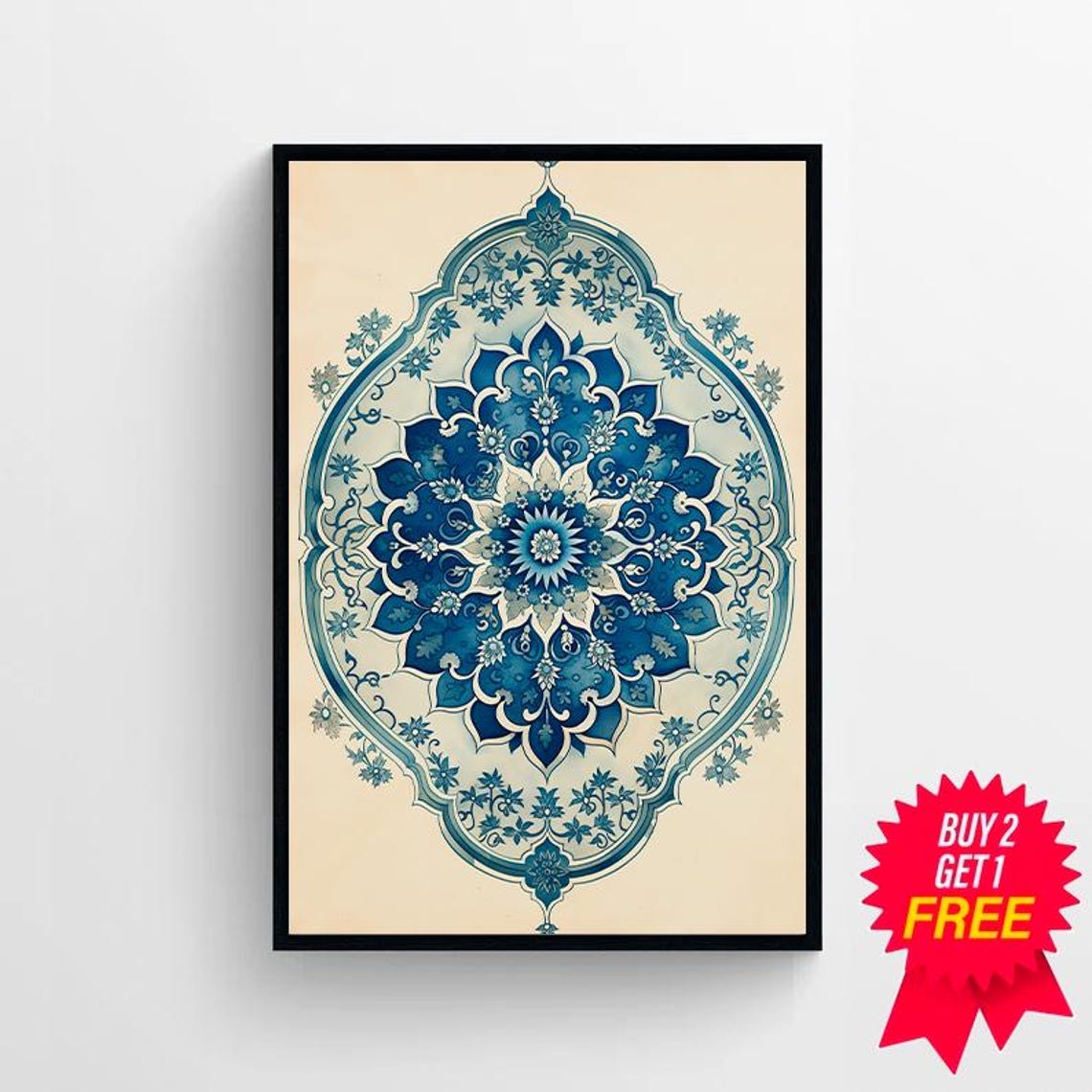Blue Islamic Mandala Medallion on Cream Boho Ornament Poster - Image 4