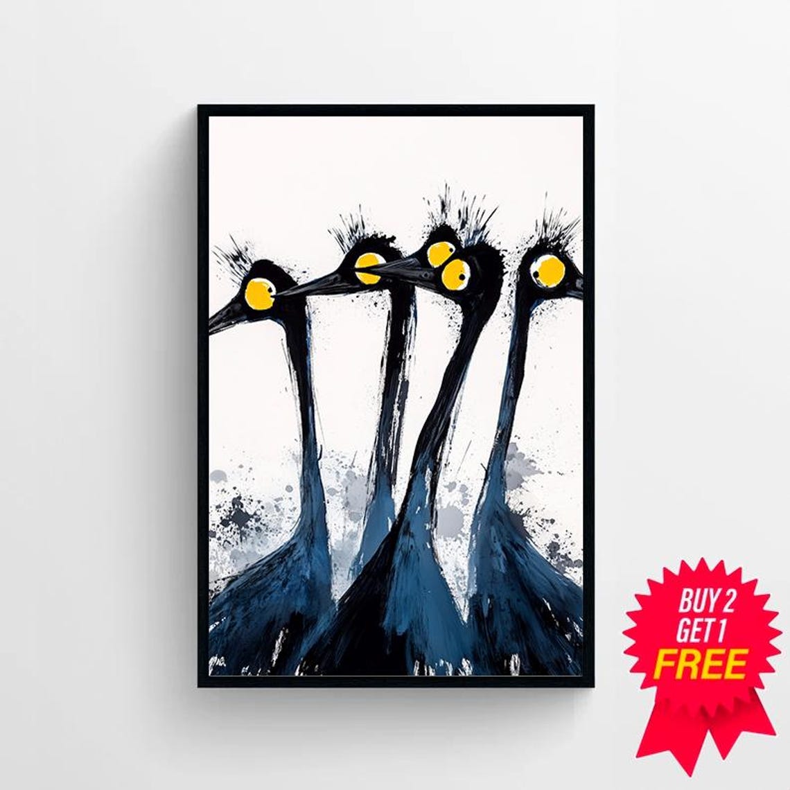 Four Quirky Googly-Eyed Long-Necked Birds Funny Watercolor Poster - Image 4