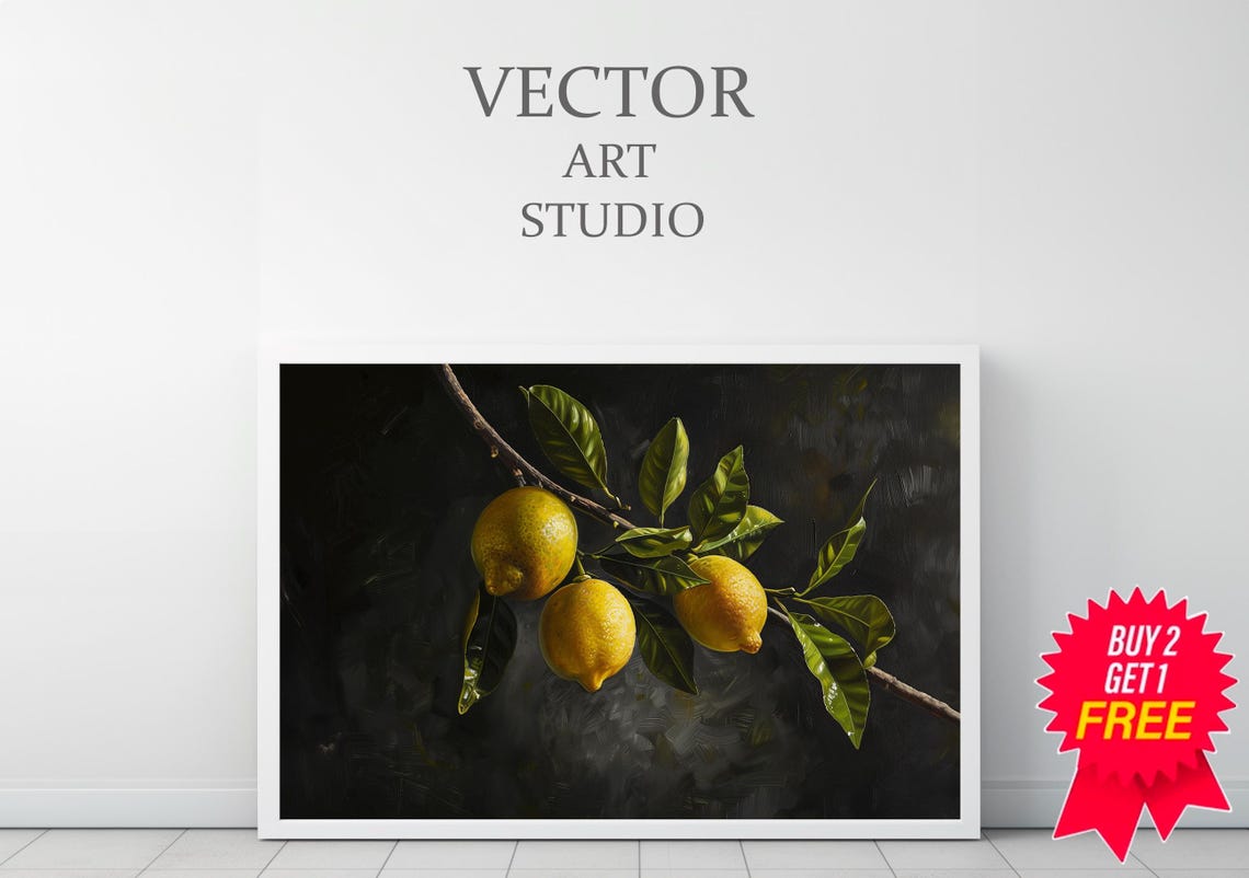Lemon Moody Fruit Print Vintage Citrus Still Life Oil Painting Kitchen Wall Art Dark Lemons Tree Art Rustic Farmhouse Decor - Image 3