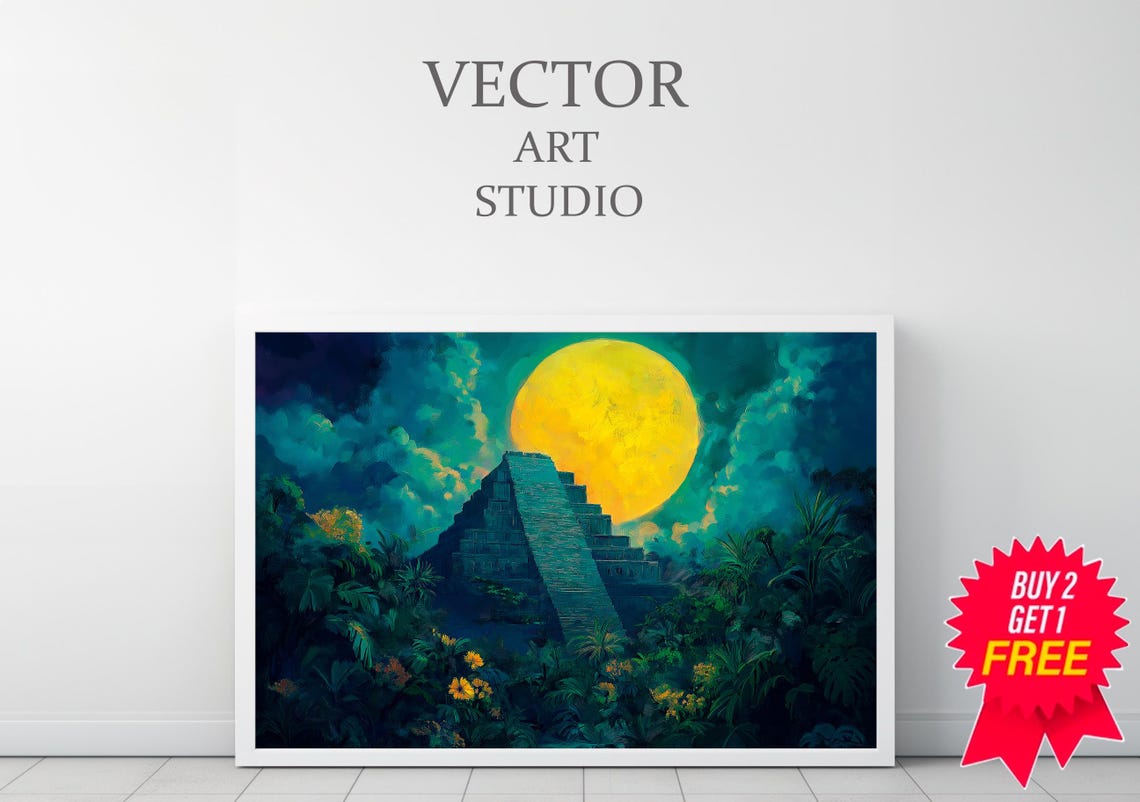 Ancient Step Pyramid Under Full Moon Tropical Jungle Art Print - Image 3