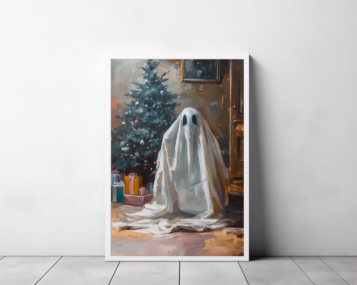Sheet Ghost By Christmas Tree Grey Holiday Vintage Decor Poster - Image 3