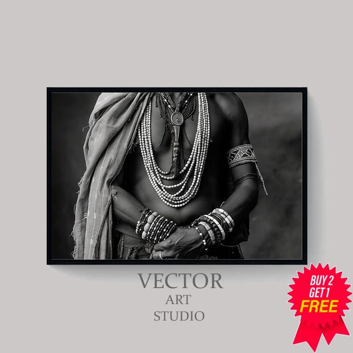 African Tribal Bead Jewelry Black and White Photography Print - Image 4