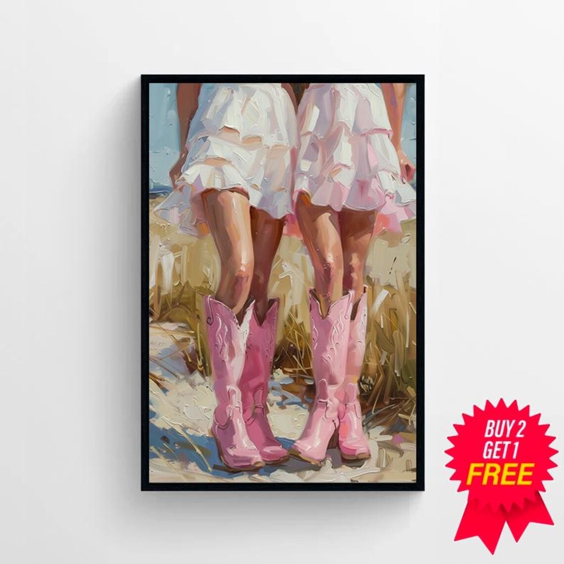 Coastal Cowgirl Pink Cowboy Boots Beach Day Oil Painting Poster - Image 4