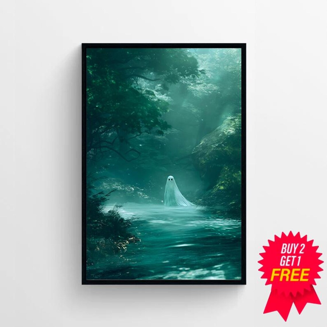Lone Ghost Floating Over Glowing Teal Lake In Dark Forest Halloween Poster - Image 4