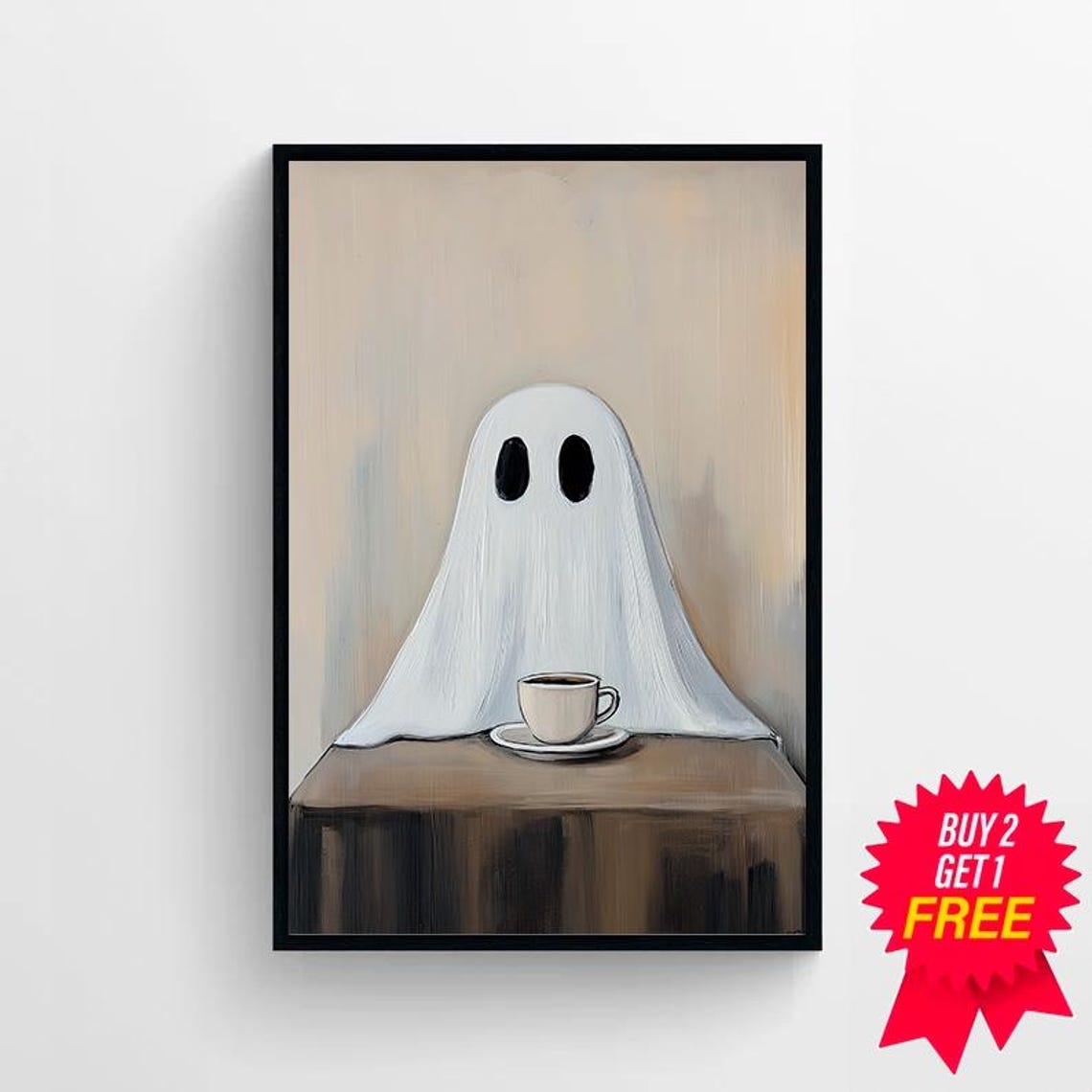 Cute Ghost Behind Table with Coffee Whimsical Painting Poster - Image 4
