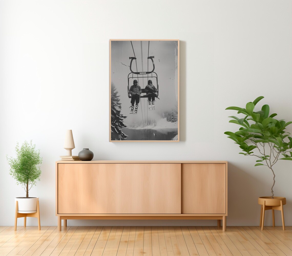 Vintage Ski Chairlift Photo of Two Skiers Over Snowy Slopes Poster - Image 2