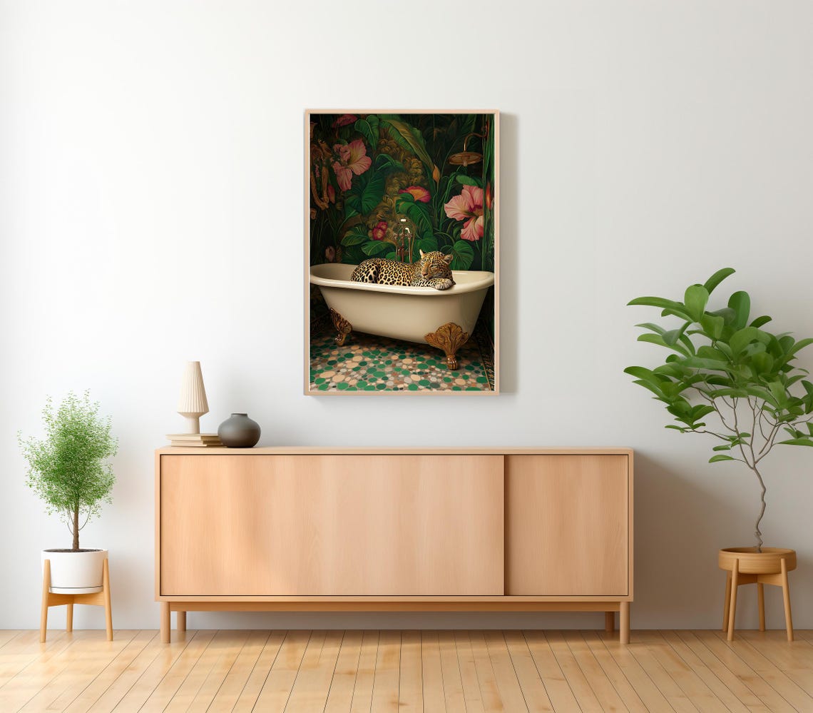 Leopard Lounging in a Clawfoot Tub Against Tropical Jungle Wall Poster - Image 2